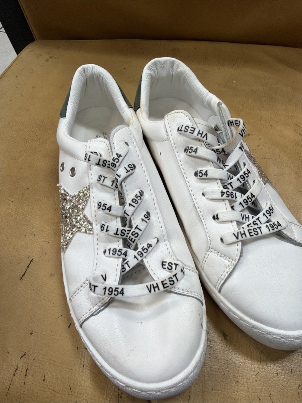 Vintage Havana “ Carla” Sneakers, White with Silver Stars, Luxury 7 Women
